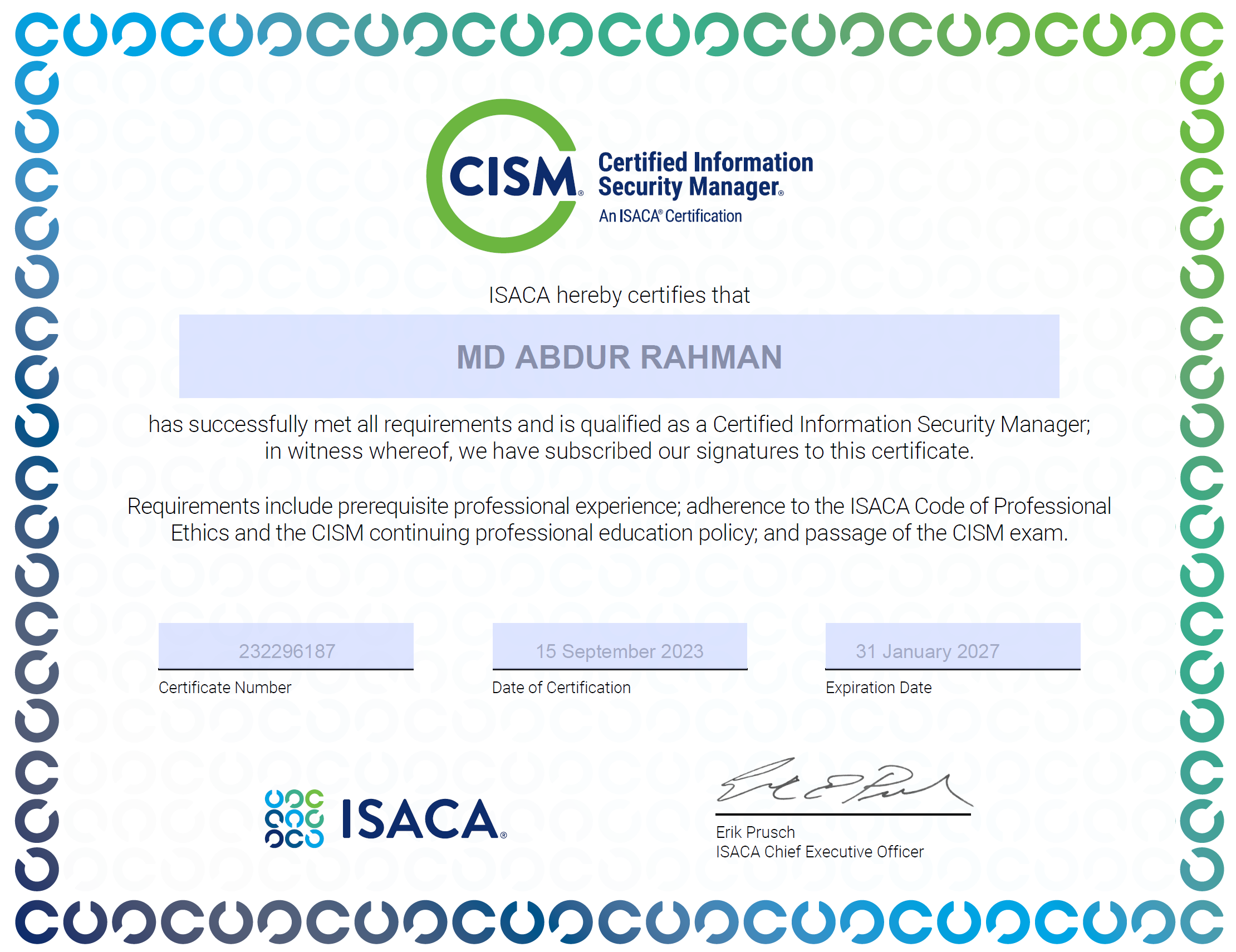 ISACA CISM Certificate