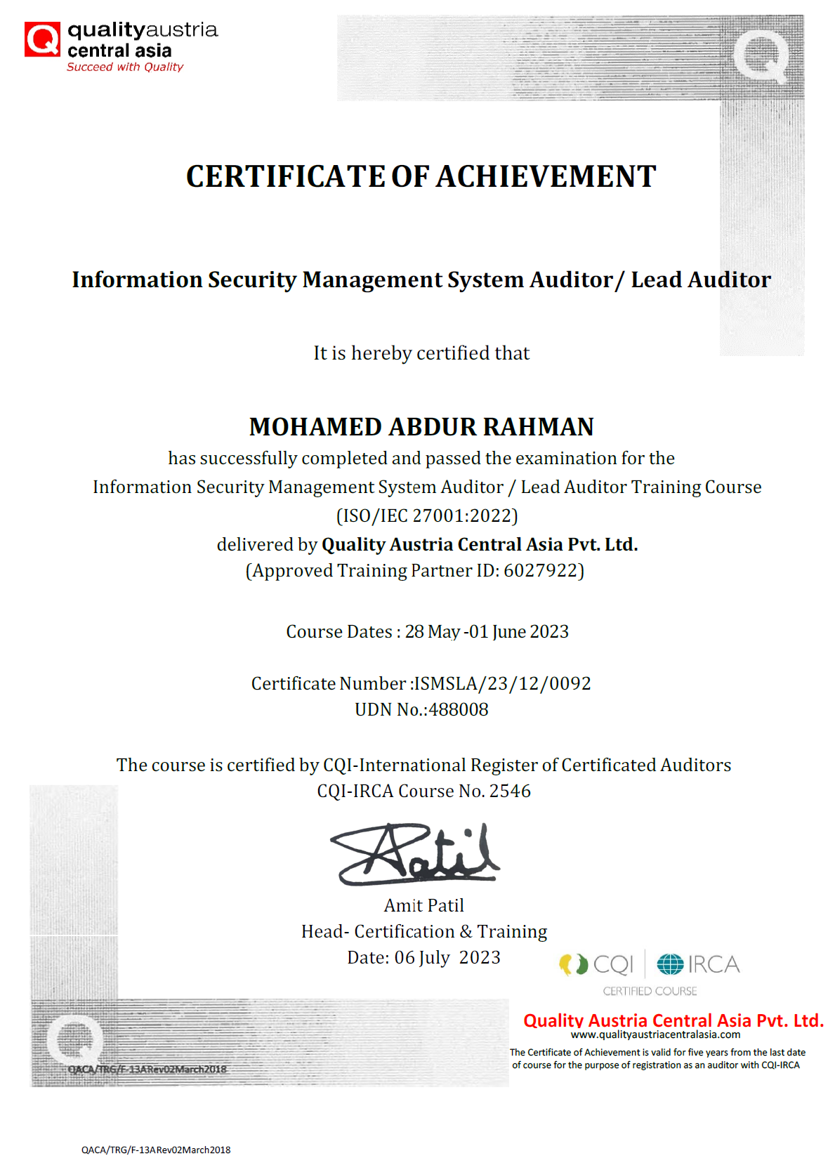 ISO/IEC 27001:2022 Lead Auditor Certificate