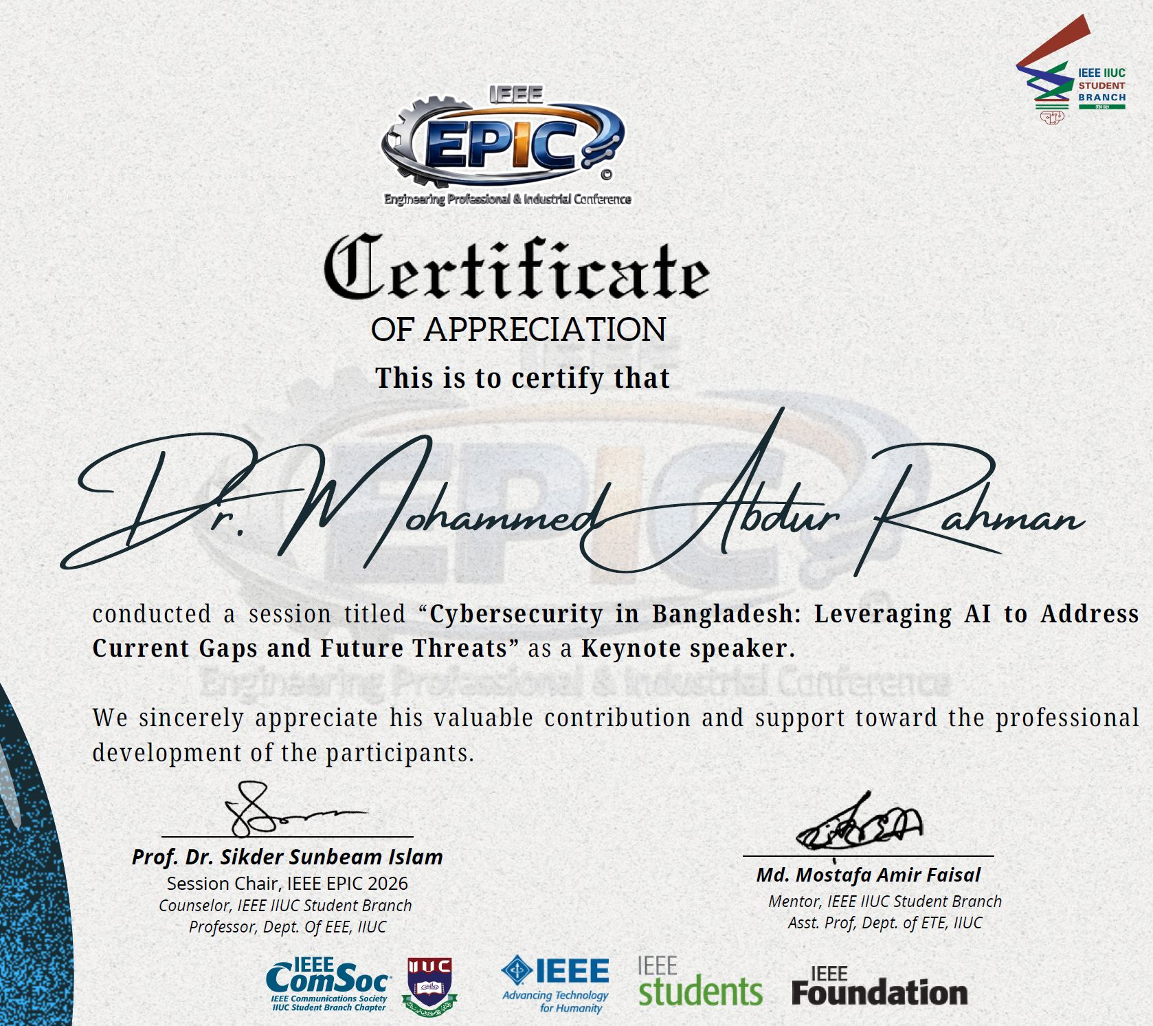 Invited Speaker at IEEE EPIC 2026, IIUC Bangladesh — AI & Cybersecurity Research